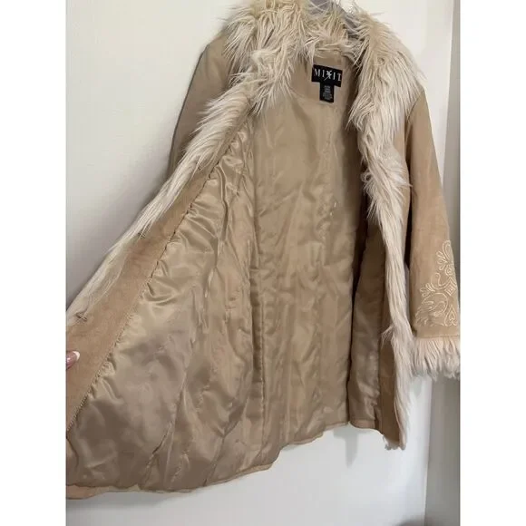 Mixit Suede Leather Faux Fur Coat Western Boho Y2K Vintage Jacket Petite L - Picture 6 of 11